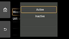Wired LAN screen: Select Active